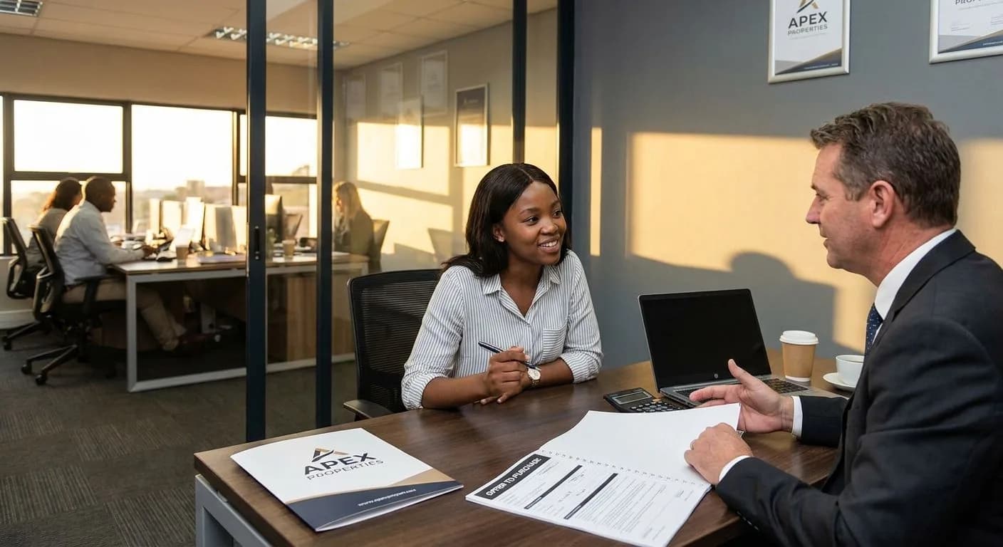 A South African first-time buyer discussing bond finance options with an estate agent at a professional office desk, offer to purchase document on the table, warm afternoon light