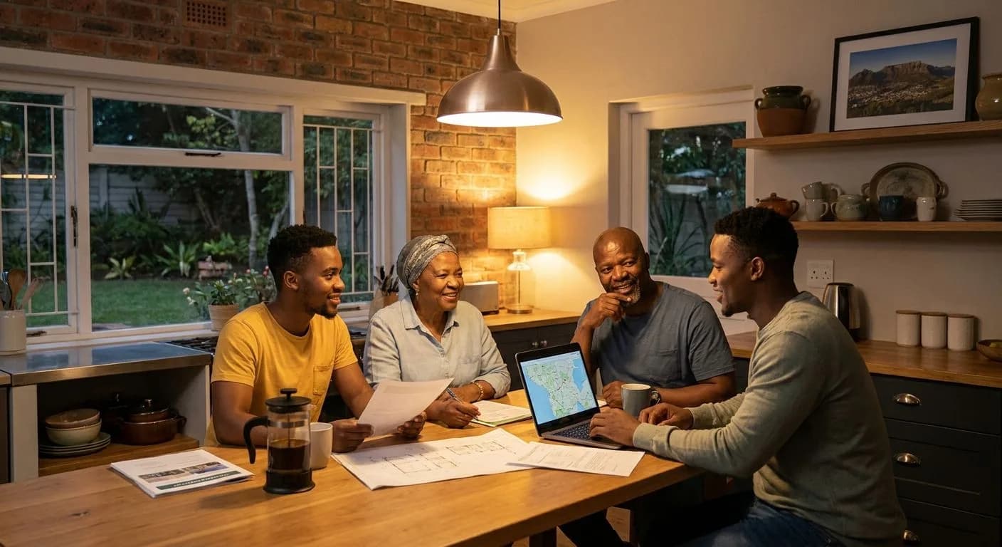 A South African family sitting calmly at a kitchen table discussing their property plans with patience, warm domestic interior light, supportive and thoughtful atmosphere