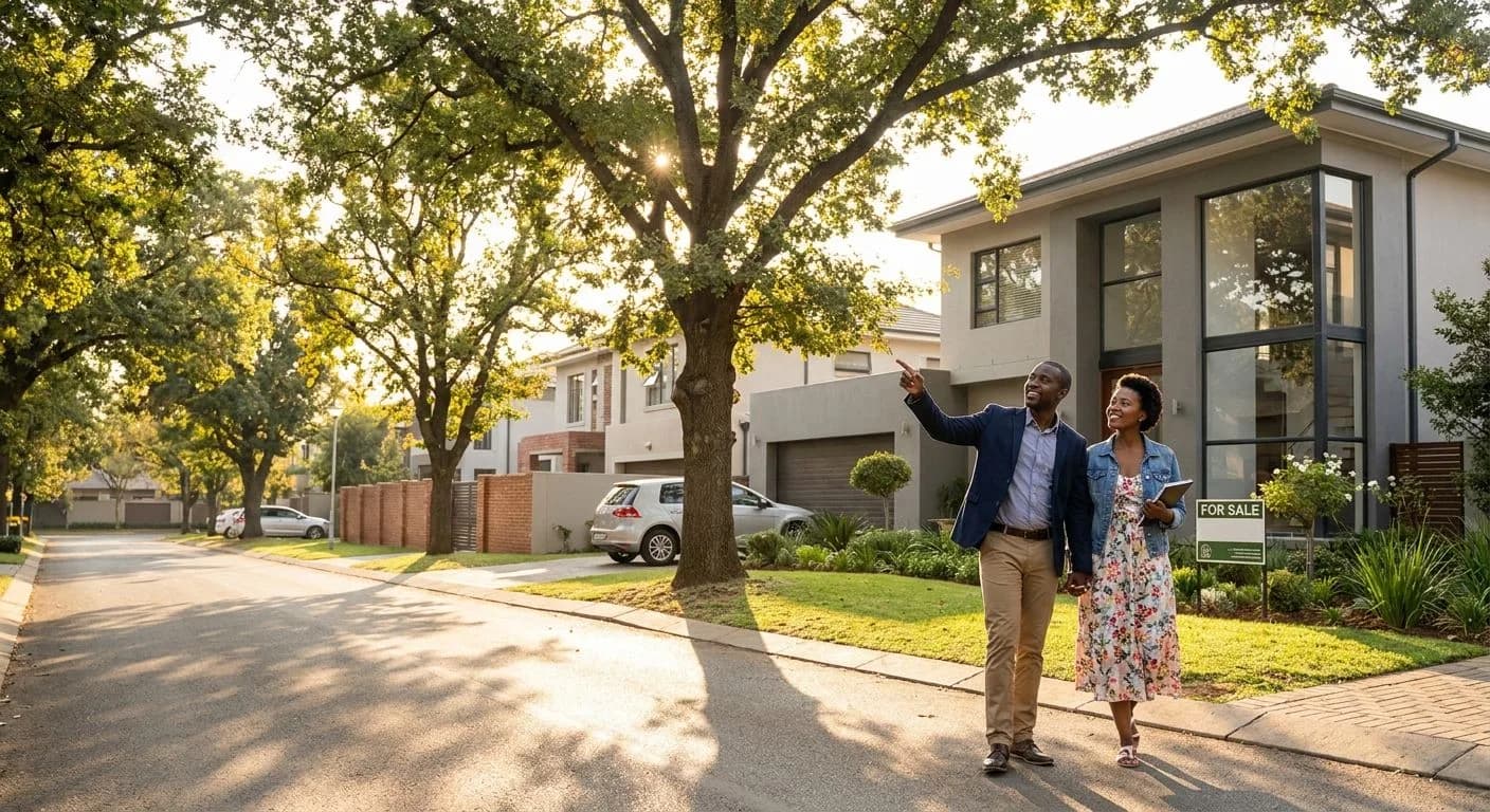 A South African couple walking through a neat suburban neighbourhood evaluating properties for purchase, golden afternoon light, considered and optimistic