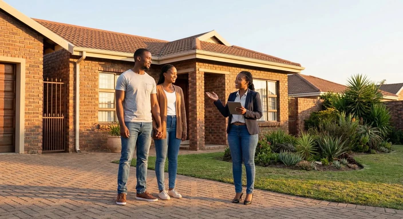 A South African couple standing outside a neat facebrick suburban home they are considering buying, optimistic expressions, estate agent beside them, golden late afternoon light