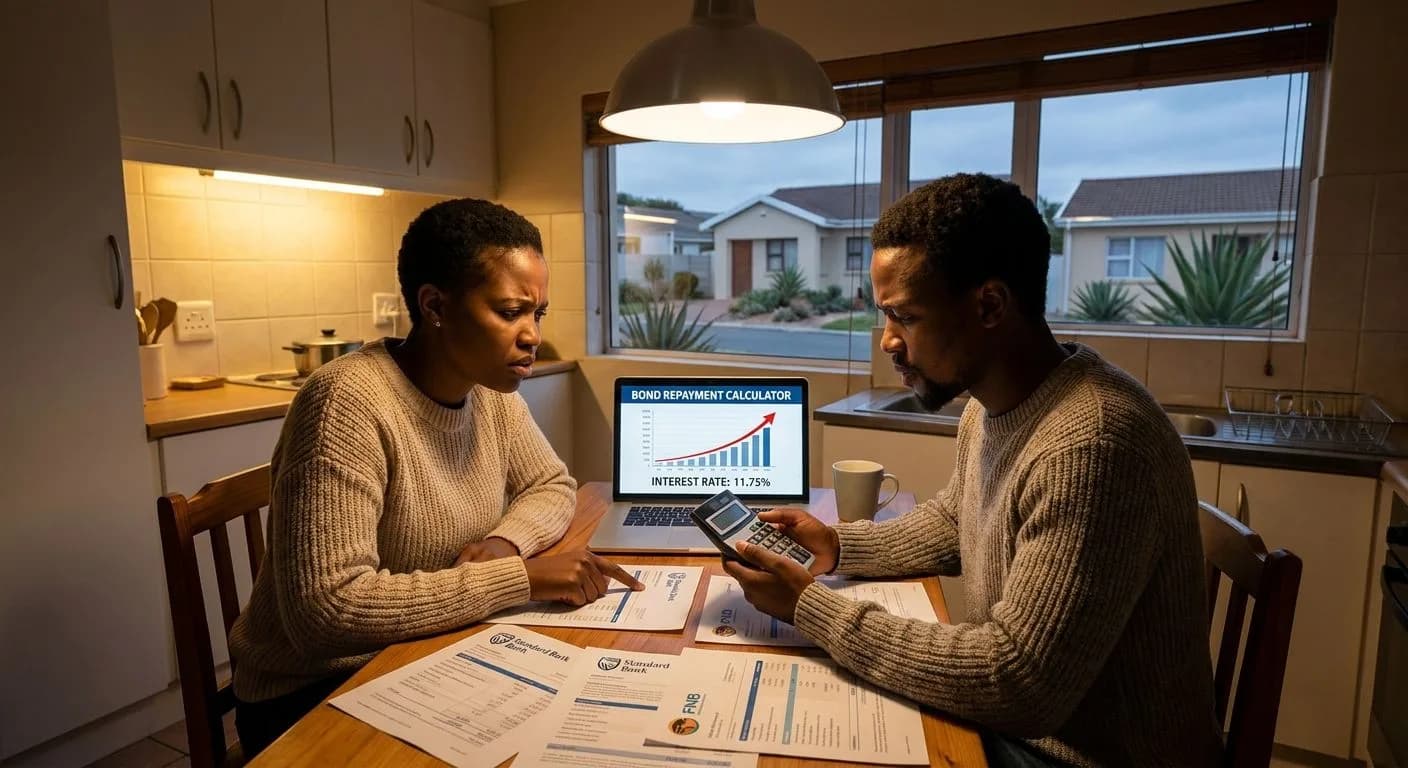 A South African couple sitting at a kitchen table reviewing their property budget and bond repayment calculations, thoughtful and determined expressions, warm domestic interior light