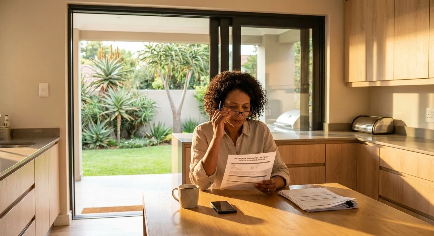 A South African home seller reviewing a property valuation report at a sunlit kitchen table, pen in hand, modern SA home interior with a garden visible through sliding glass doors