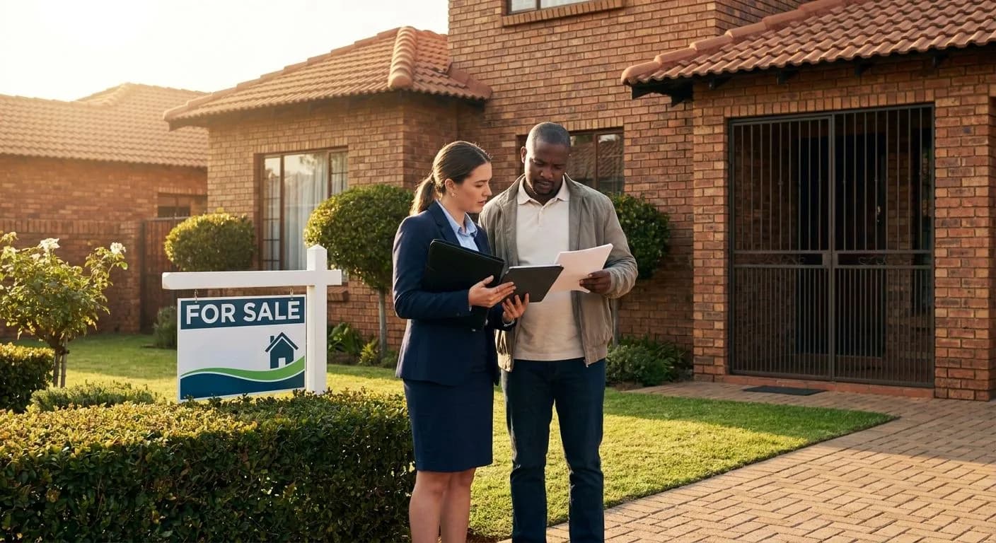 A South African estate agent and a home seller in a professional conversation on the front path of a property for sale, warm afternoon light, neat suburban garden with a for-sale signboard