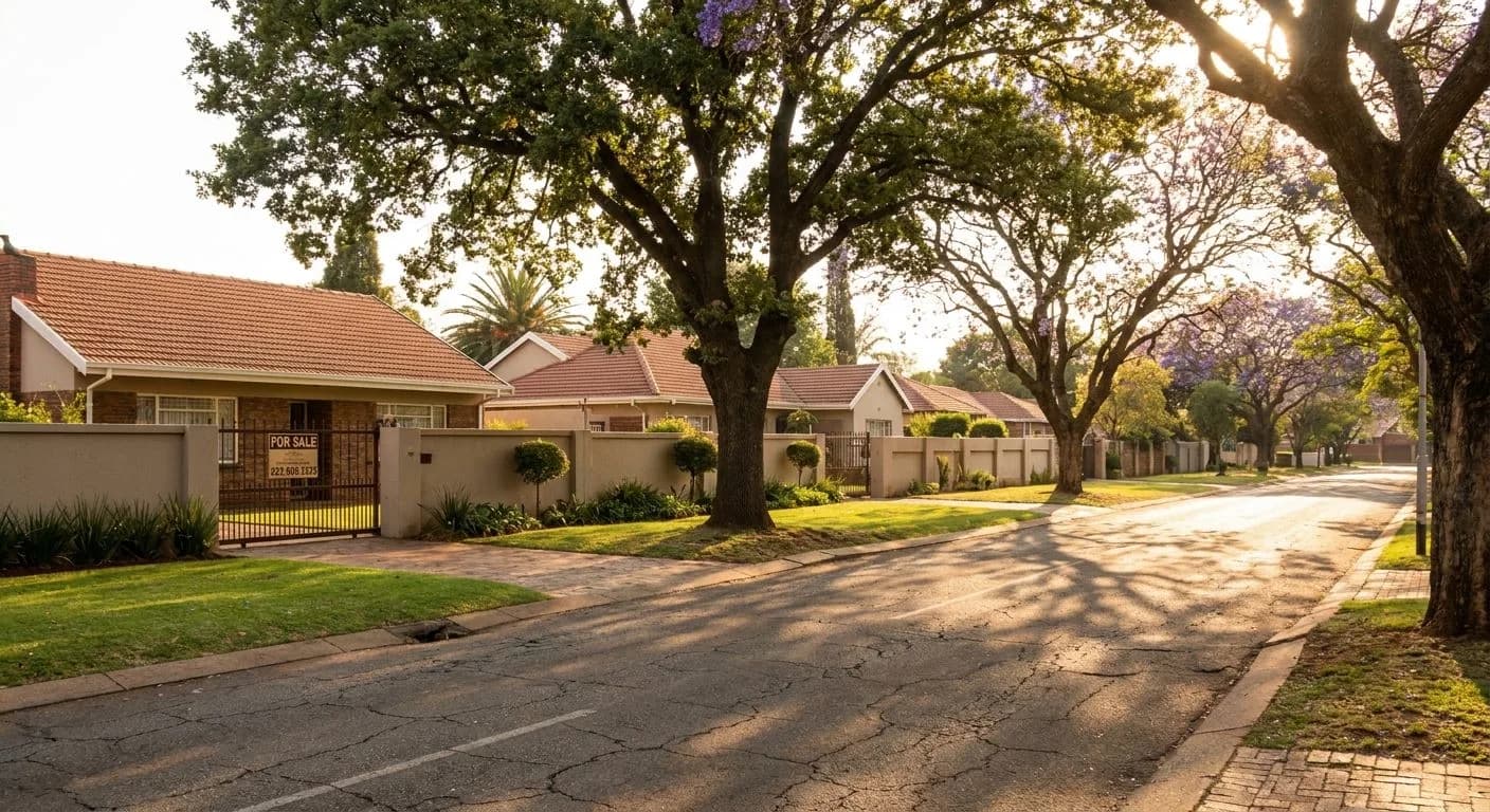 A calm South African residential street at late afternoon, mature trees casting long shadows on well-maintained suburban homes with terracotta rooftiles and a for-sale sign on one gate