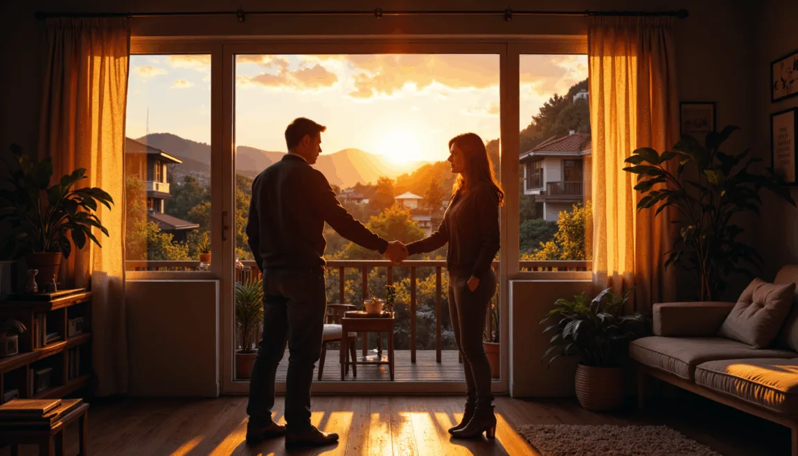 Buyer and Seller (the parties) shaking hands in a golden illuminated room.