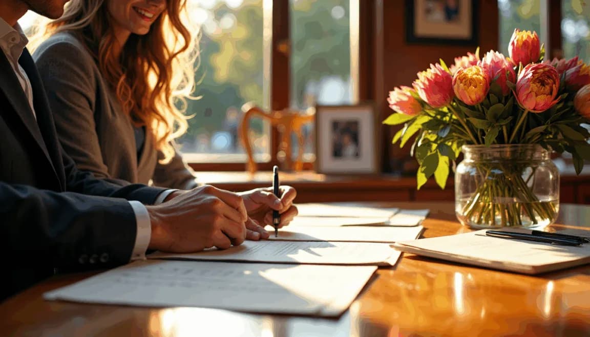 A South African couple signing property documents together, symbolising marital status and spousal consent in an Offer to Purchase.