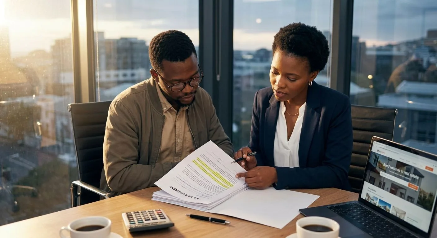 A South African property buyer and estate agent discussing purchase price and deposit requirements at a professional office desk, documents on the table, warm afternoon light