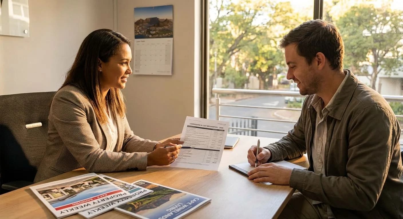 A South African estate agent explaining commission structure and purchase price breakdown to a buyer at a professional office desk, warm afternoon light