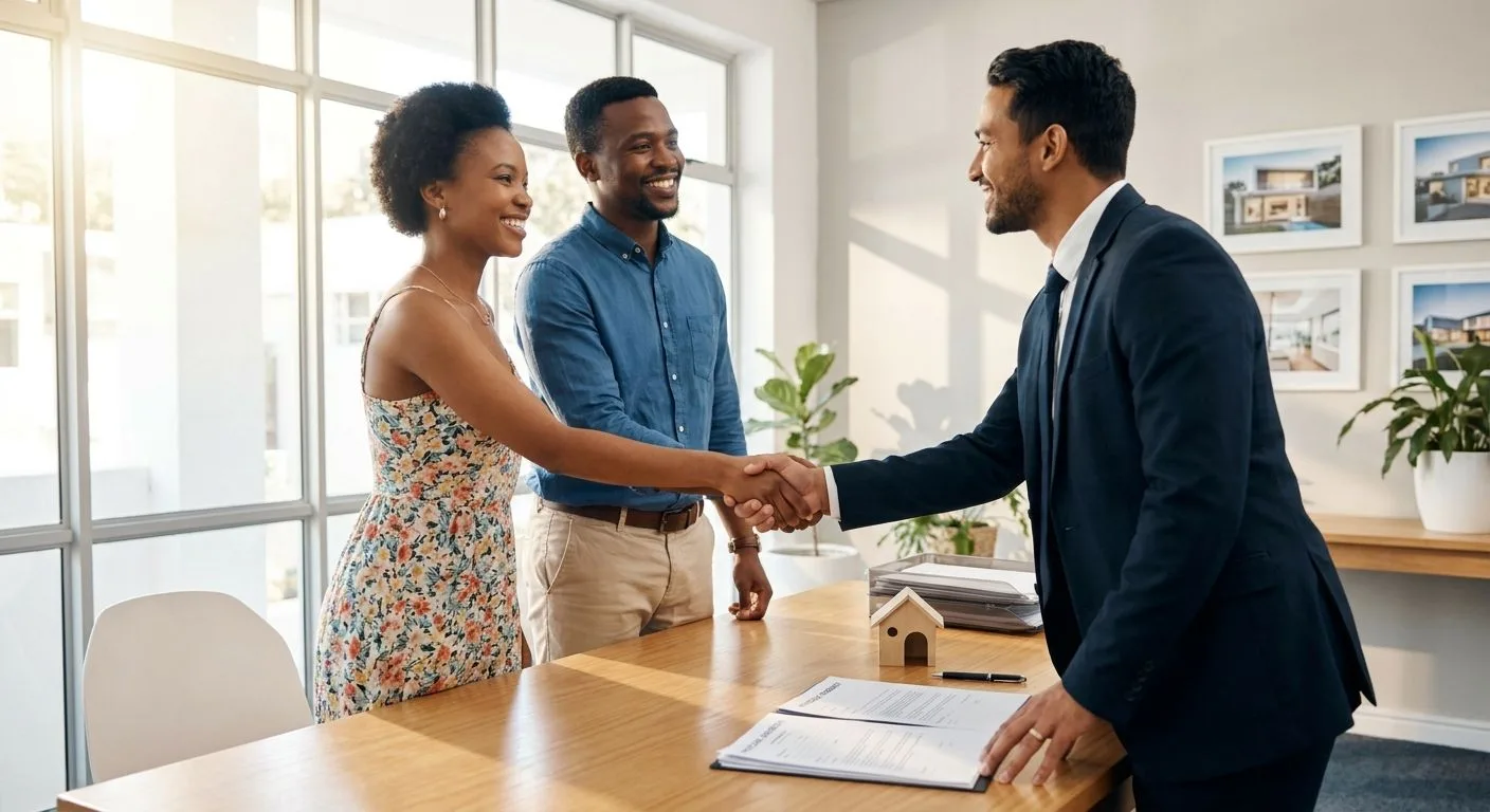 A South African couple shaking hands with their estate agent to confirm the agreed purchase price on their new home, professional office setting, warm afternoon light