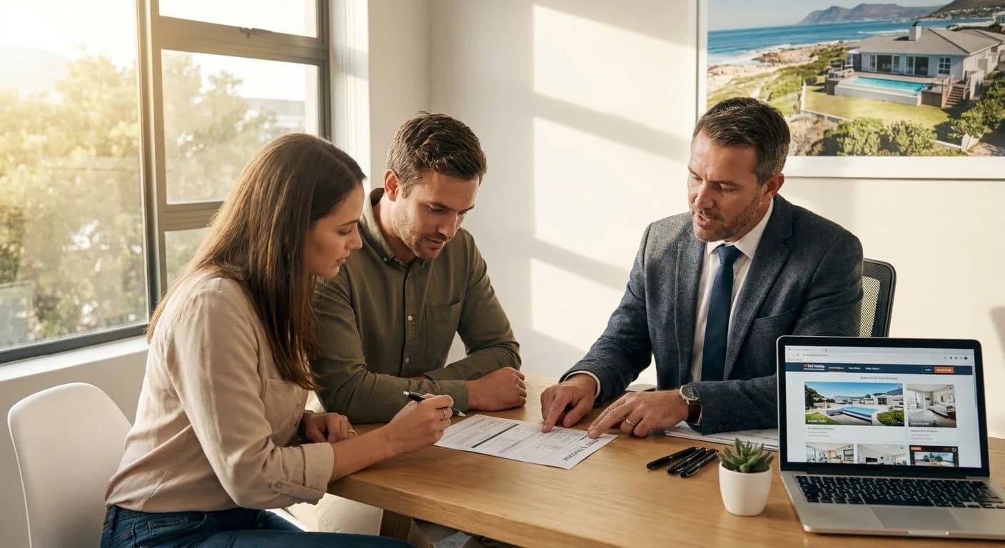 A South African estate agent reviewing the purchase price and payment terms in an offer to purchase with a buyer couple at a professional office desk, warm afternoon light