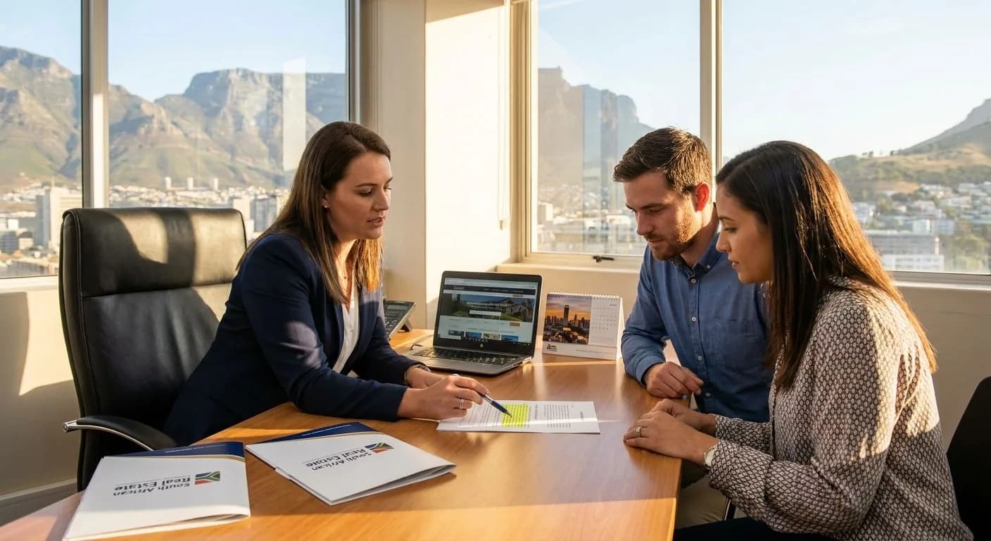 A South African property seller and buyer reviewing a subject-to-sale clause in an offer to purchase with an estate agent at a professional office desk, warm afternoon light