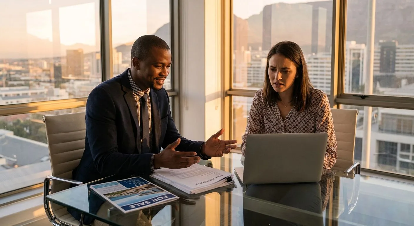 A South African estate agent explaining the implications of a property sale falling through to a concerned seller at a professional office, warm afternoon light