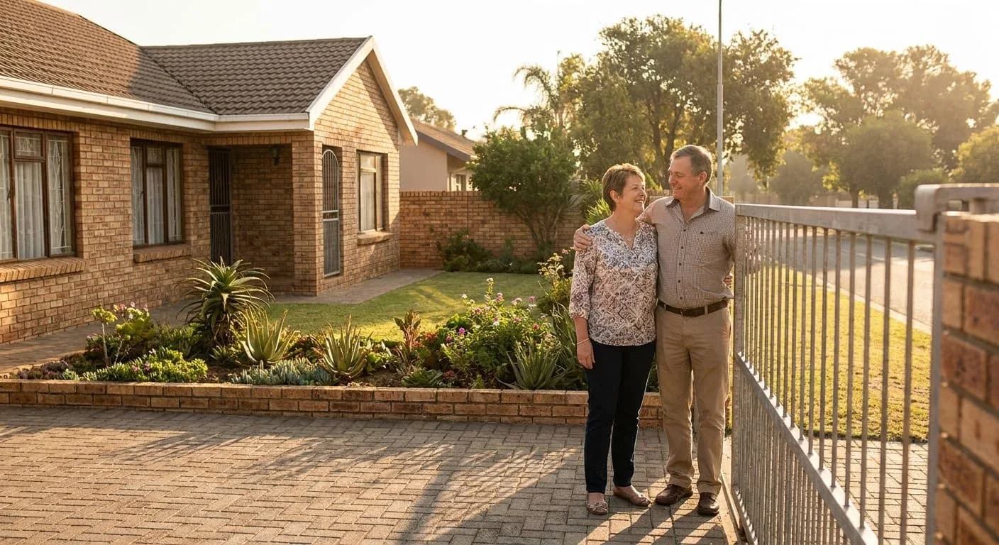 A South African couple standing at the gate of their facebrick suburban home knowing they are transitioning to a new property, hopeful expressions, golden afternoon light