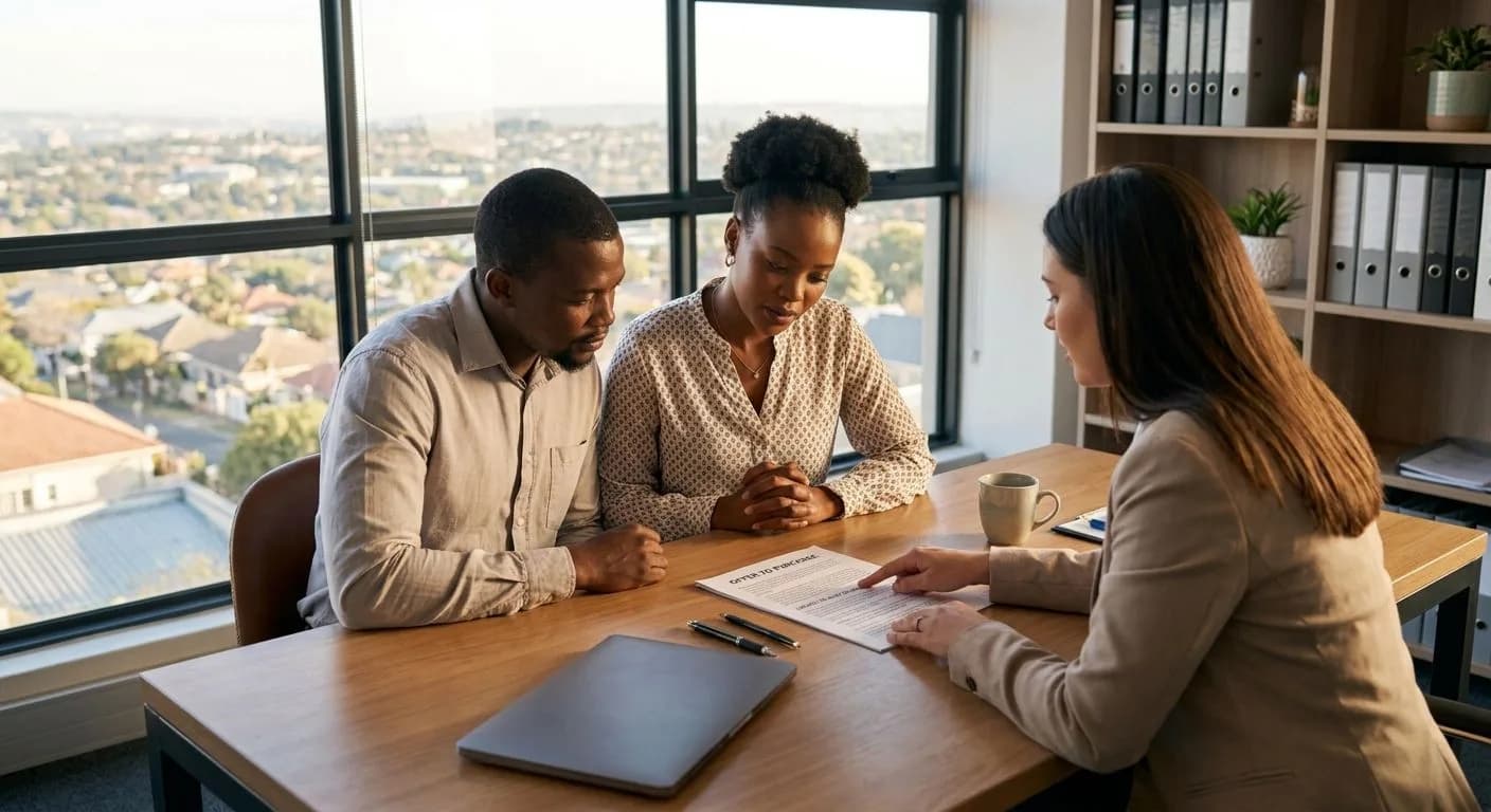 A South African couple reviewing a subject-to-sale clause in an offer to purchase with their estate agent at a professional office desk, warm afternoon light