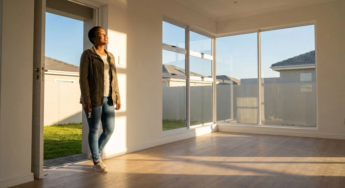 A South African first-time buyer stepping into an empty home for the first time, looking around with wonder and pride, neat suburban interior, warm afternoon light through windows