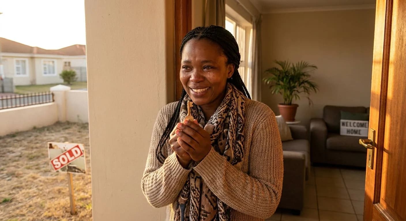 A South African first-time buyer holding a front door key in both hands, standing at the threshold of their first home with an emotional and proud expression, warm golden light