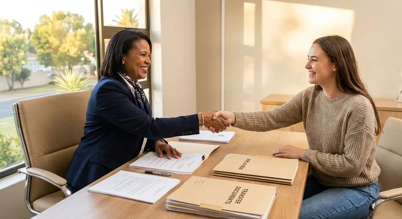 A South African estate agent warmly congratulating a first-time buyer with a handshake at a professional office desk, transfer documents on the table, warm afternoon light