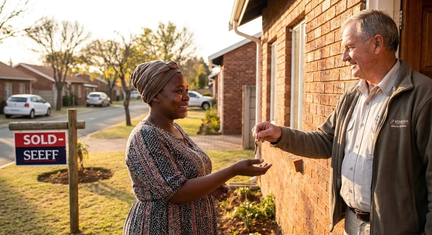 A South African first-time buyer receiving the keys to their first home from an estate agent at the front door of a neat facebrick suburban property, golden afternoon light, joyful and emotional moment