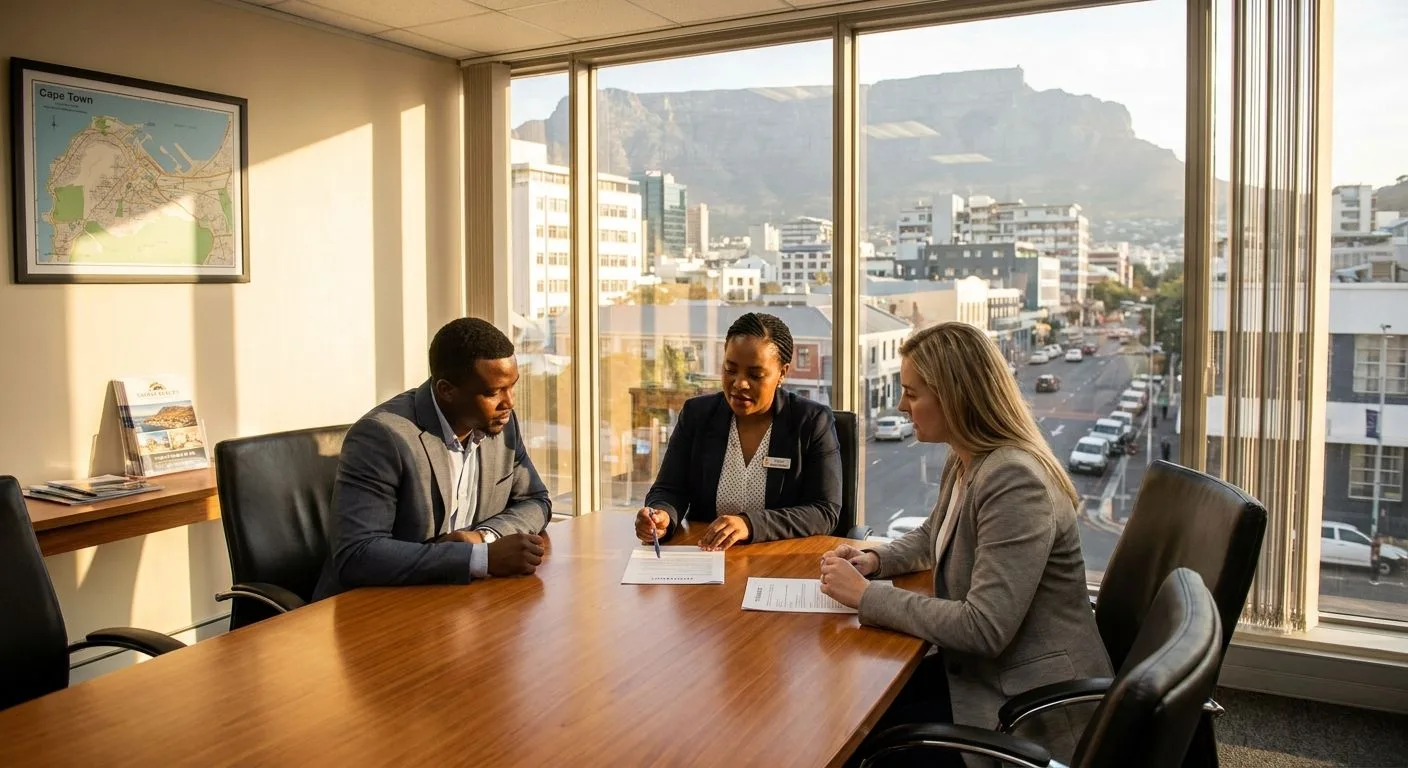 A South African seller and buyer in a serious but professional meeting with their estate agent to discuss a property contract obligation, professional office setting, warm afternoon light