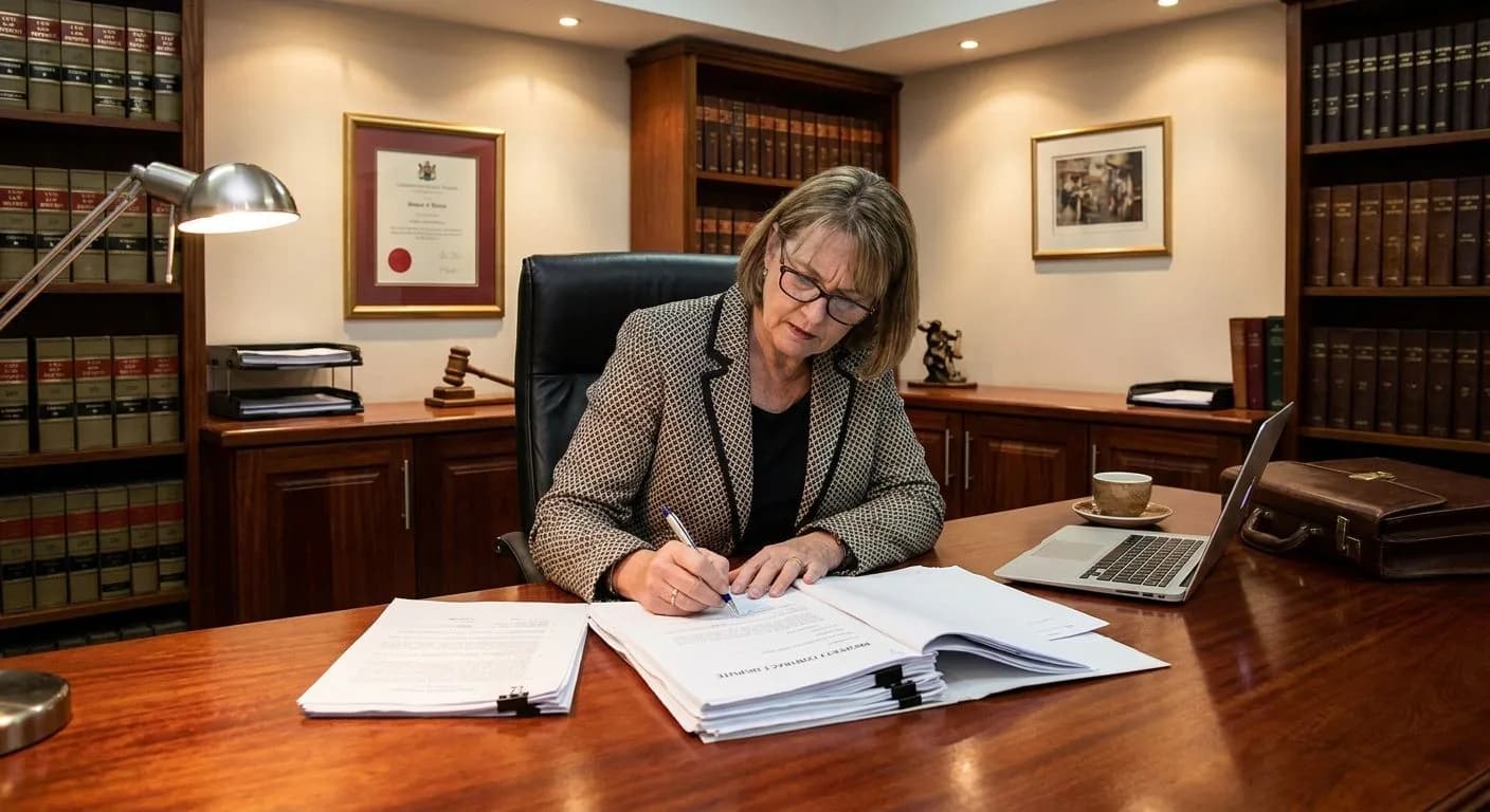 A South African conveyancer reviewing a property contract dispute document at a polished desk, law books on shelves, warm professional office lighting