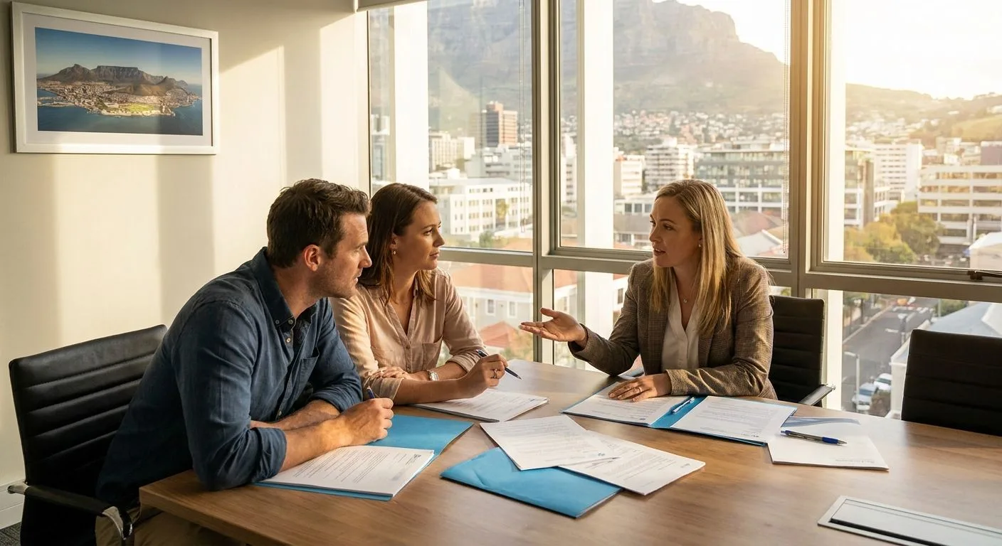 A South African estate agent facilitating a calm resolution between a seller and buyer at a professional meeting table, documents between them, warm afternoon light