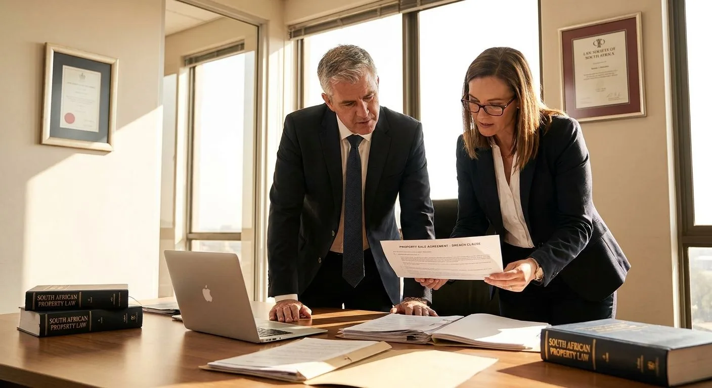 A South African estate agent and conveyancer reviewing a property contract breach clause at a professional office desk, warm afternoon light, serious professional demeanour