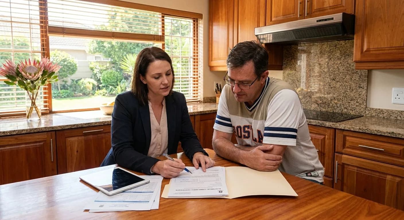 A South African estate agent presenting a compliance certificate checklist to a homeowner at a kitchen table, warm domestic interior light, afternoon sun through windows