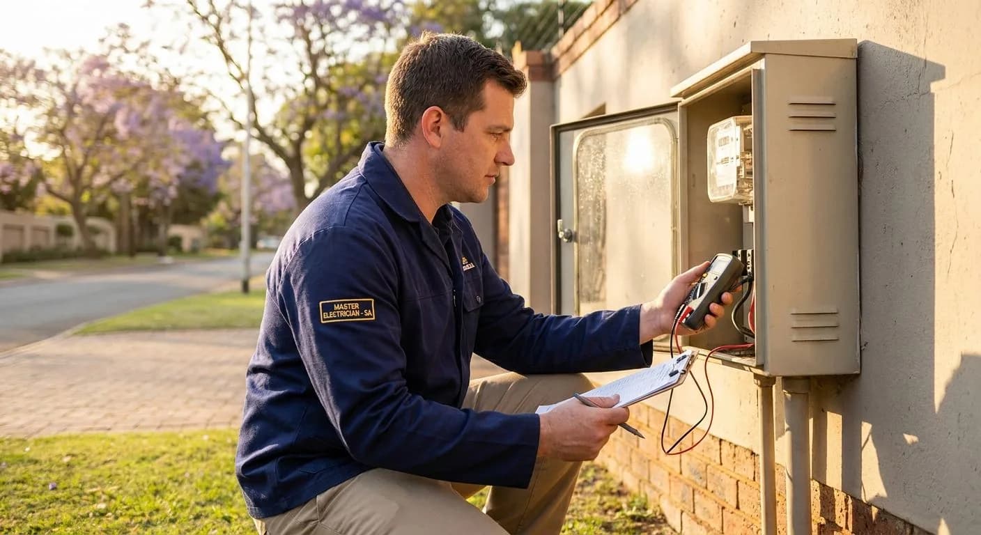 A South African licensed electrician inspecting a neat suburban home's exterior electrical meter box with a clipboard and testing equipment, golden morning light