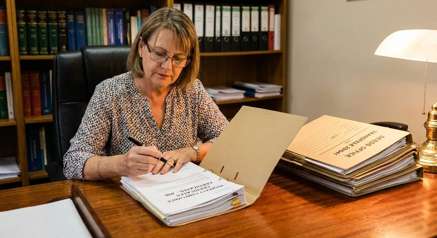 A South African conveyancer reviewing property compliance certificates from a neat file at a professional desk, organised legal folders visible, warm office light