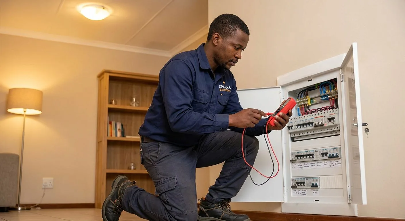 A South African electrician in professional attire testing the distribution board inside a neat suburban home to issue an electrical compliance certificate, warm interior light