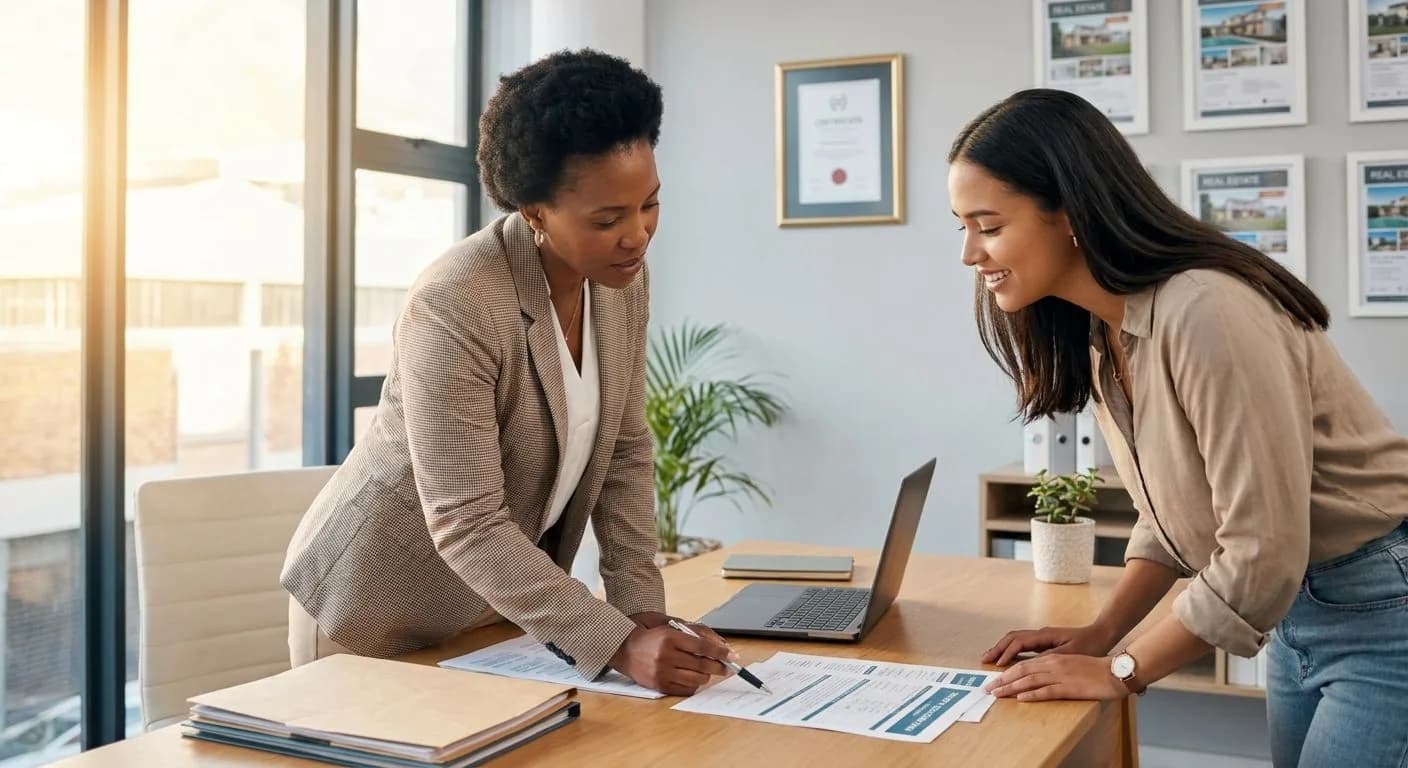 A South African estate agent explaining a property disclosure form to a first-time buyer at a professional office desk, pointing at the document, warm afternoon light