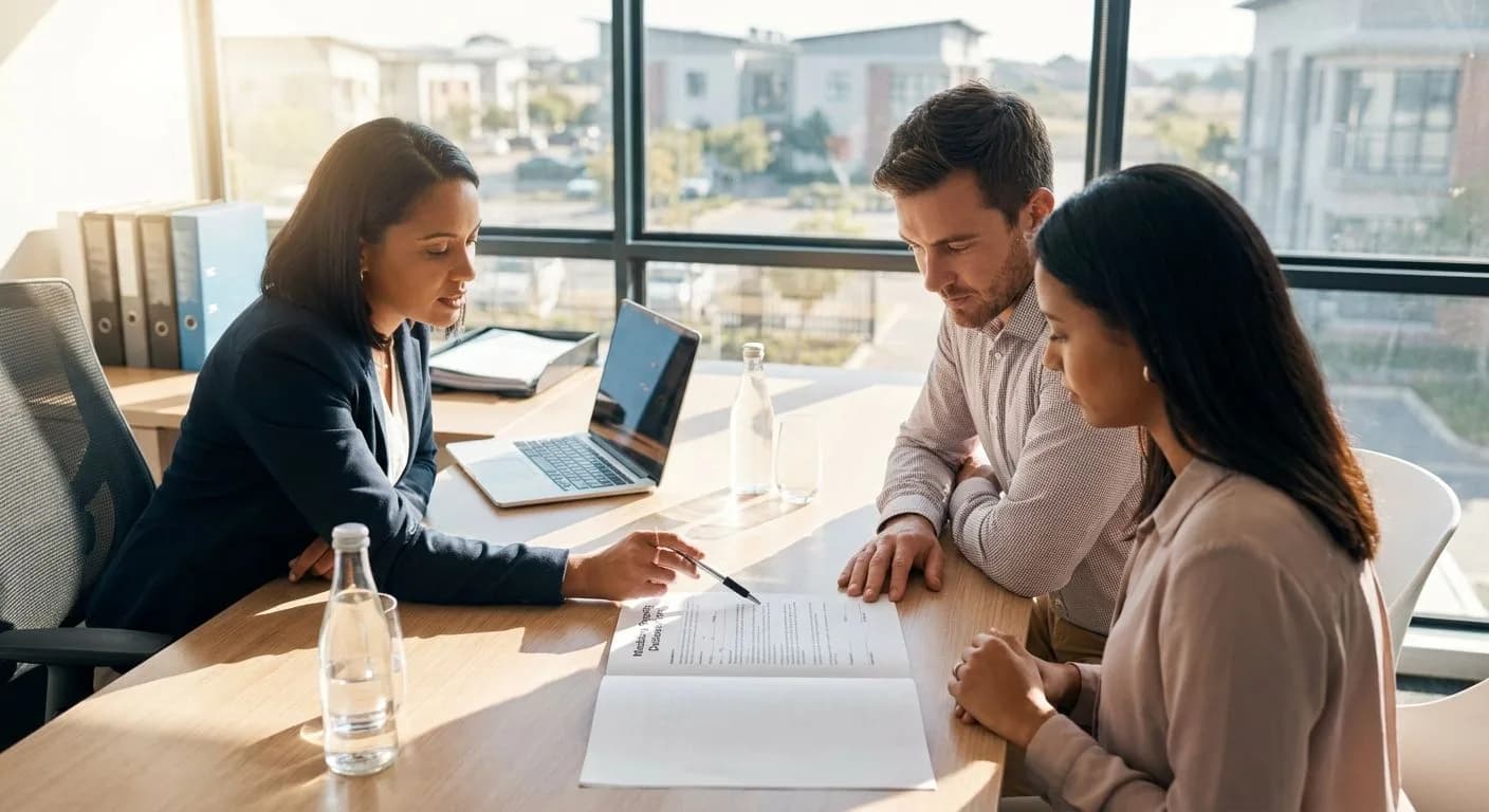 A South African seller and buyer reviewing a completed mandatory property disclosure form with their conveyancer at a professional office desk, warm natural light through large windows