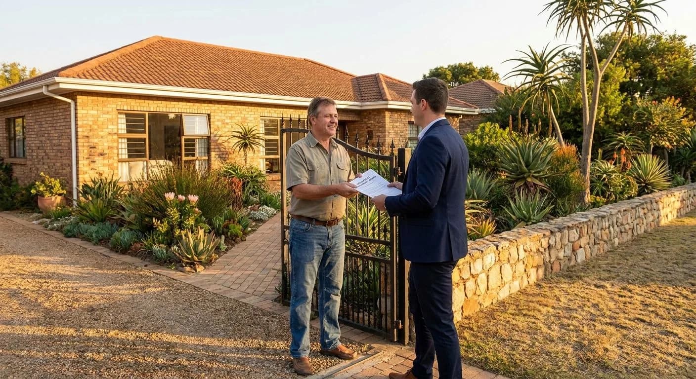 A South African homeowner handing a signed property disclosure document to an estate agent at the front gate of their neat facebrick suburban home, indigenous garden visible, golden afternoon light
