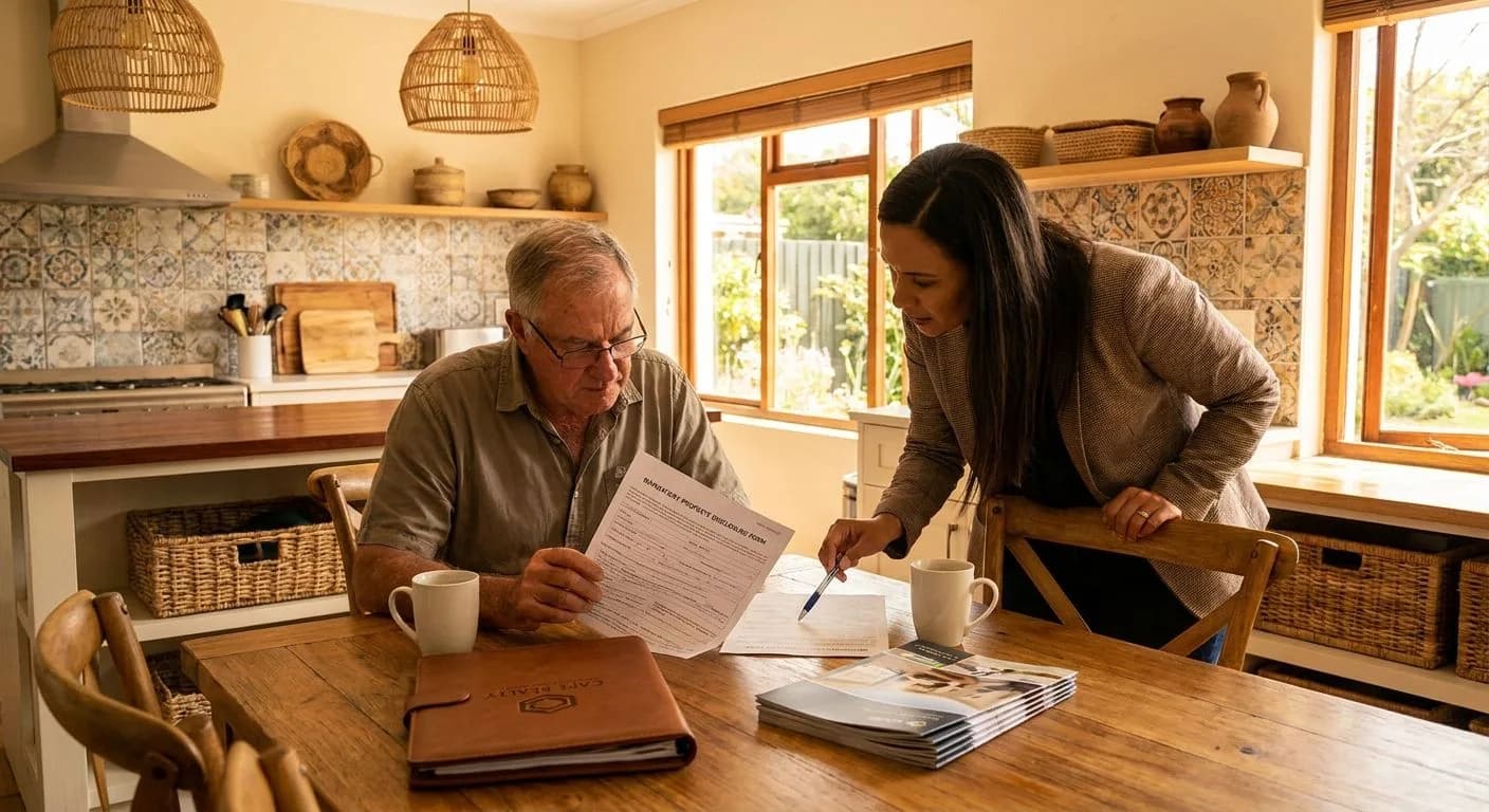 A South African seller completing a mandatory property disclosure form at a kitchen table with an estate agent seated nearby, warm domestic interior light, afternoon sun through large windows