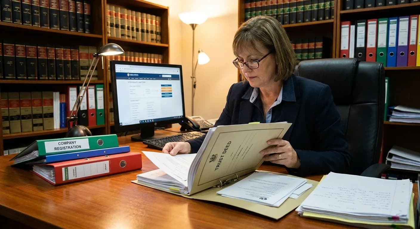 A South African conveyancer reviewing company registration documents and a trust deed at a professional desk, organised legal folders visible, warm office light