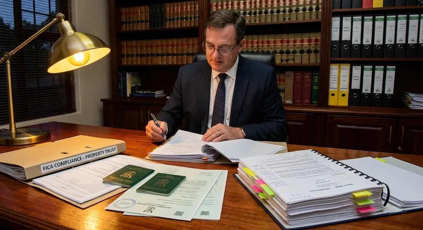 A South African attorney reviewing FICA compliance documents for a property trust transaction, identity documents and trust deed arranged on a professional desk, warm office light