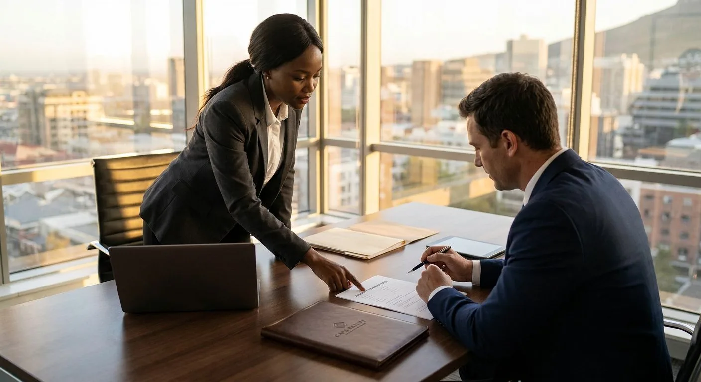 A South African estate agent presenting property transfer documents to a corporate representative at a professional office desk, formal business attire, warm afternoon light