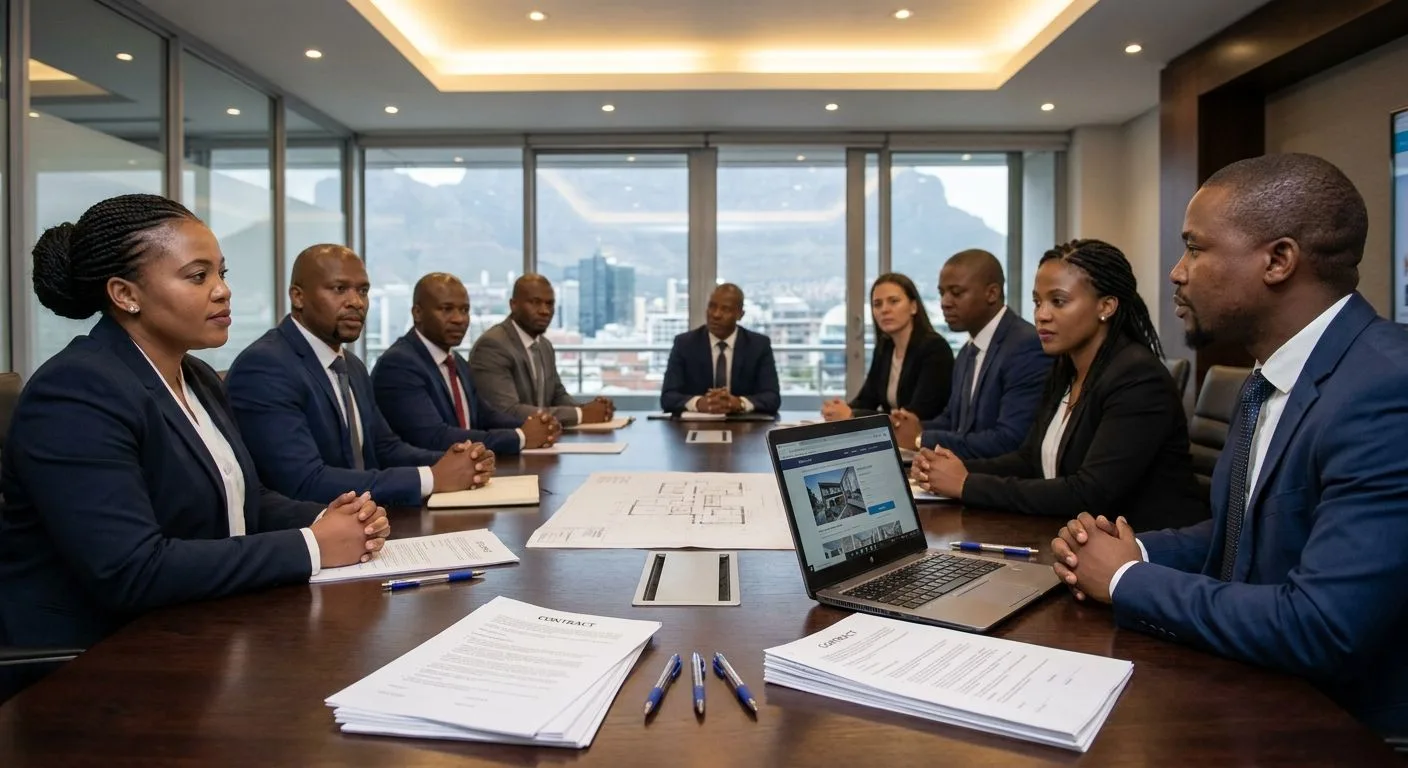 South African company directors in a boardroom reviewing an offer to purchase property, professional attire, documents and laptop on the conference table, warm boardroom lighting