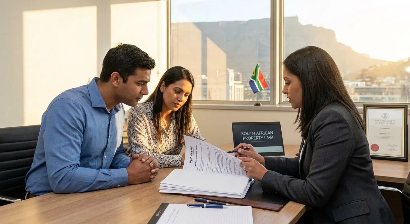 A South African couple and their conveyancer reviewing marital status documentation requirements for a property sale at a professional desk, warm afternoon light