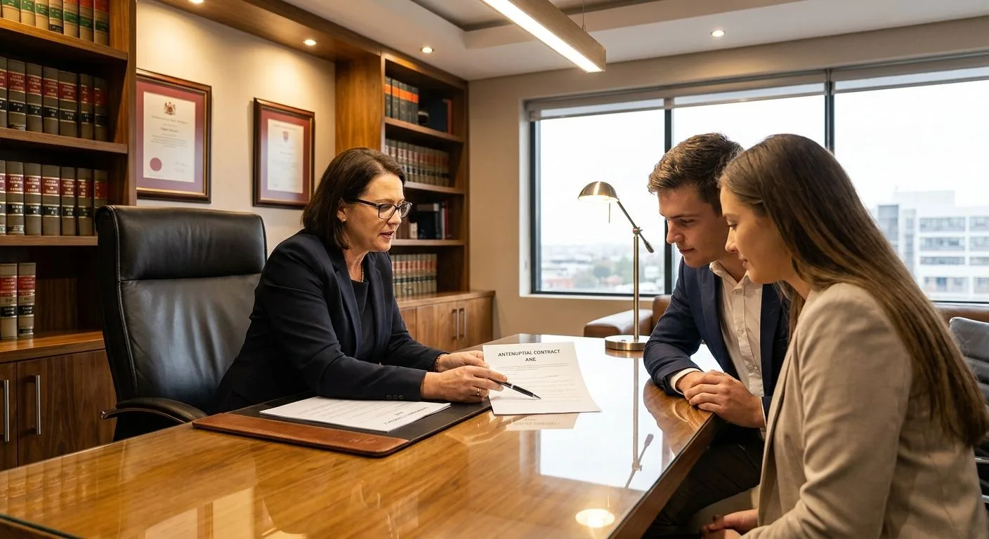 A South African conveyancer explaining antenuptial contract implications to a couple at a polished office desk, ANC document on the table, warm professional office light