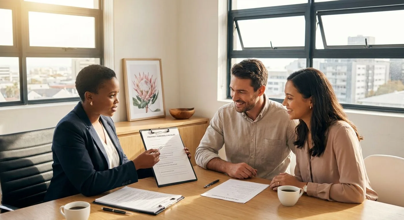 A South African estate agent guiding a couple through a property purchase checklist at a professional office desk, warm afternoon light, relaxed and confident expressions