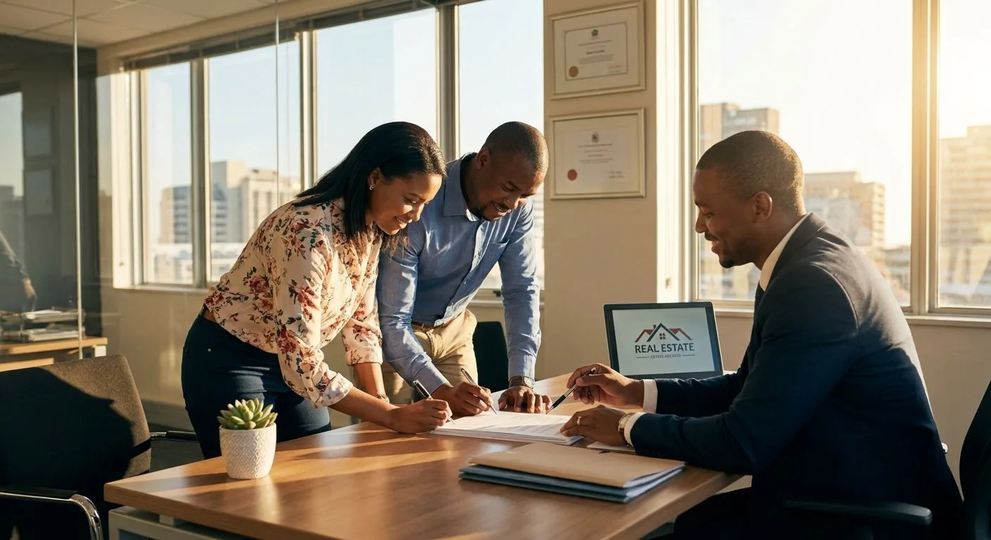 A South African married couple signing property documents together with their estate agent at a professional office desk, warm afternoon light