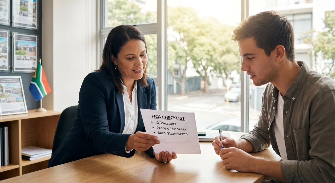 A South African estate agent explaining FICA document requirements to a first-time property buyer at a professional desk, checklist visible, warm afternoon light