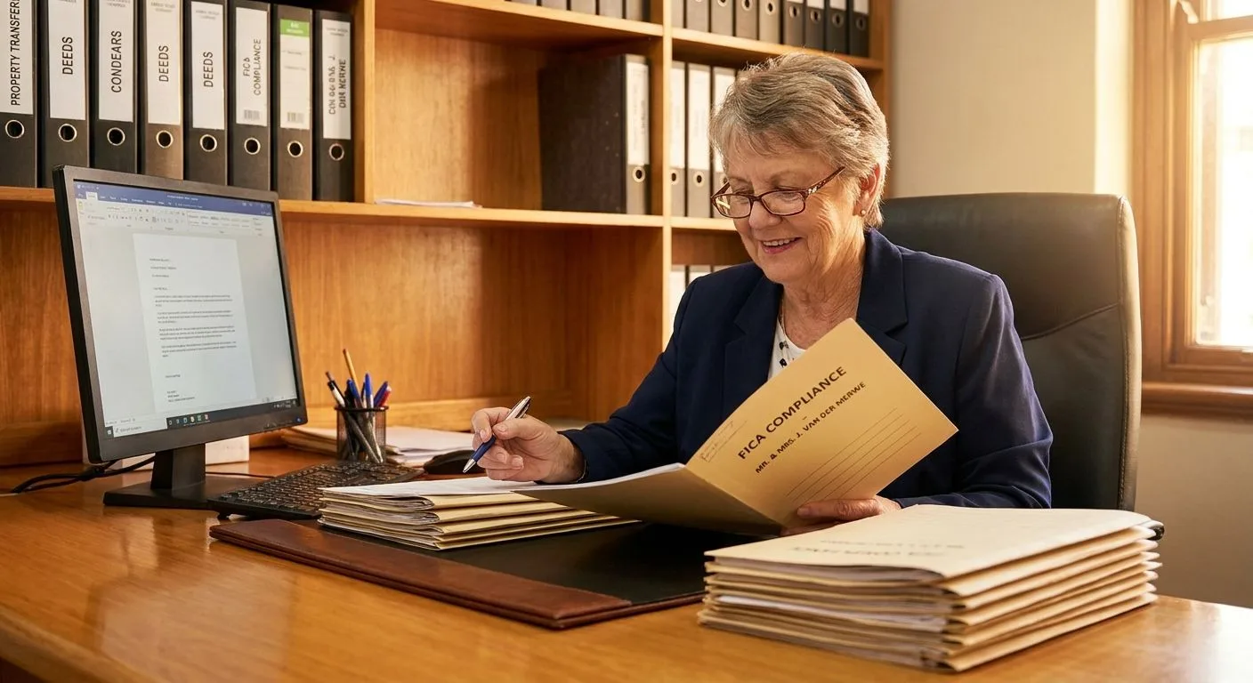 A South African conveyancer reviewing a client's FICA compliance file at a neat professional desk, organised legal folders visible, warm afternoon light