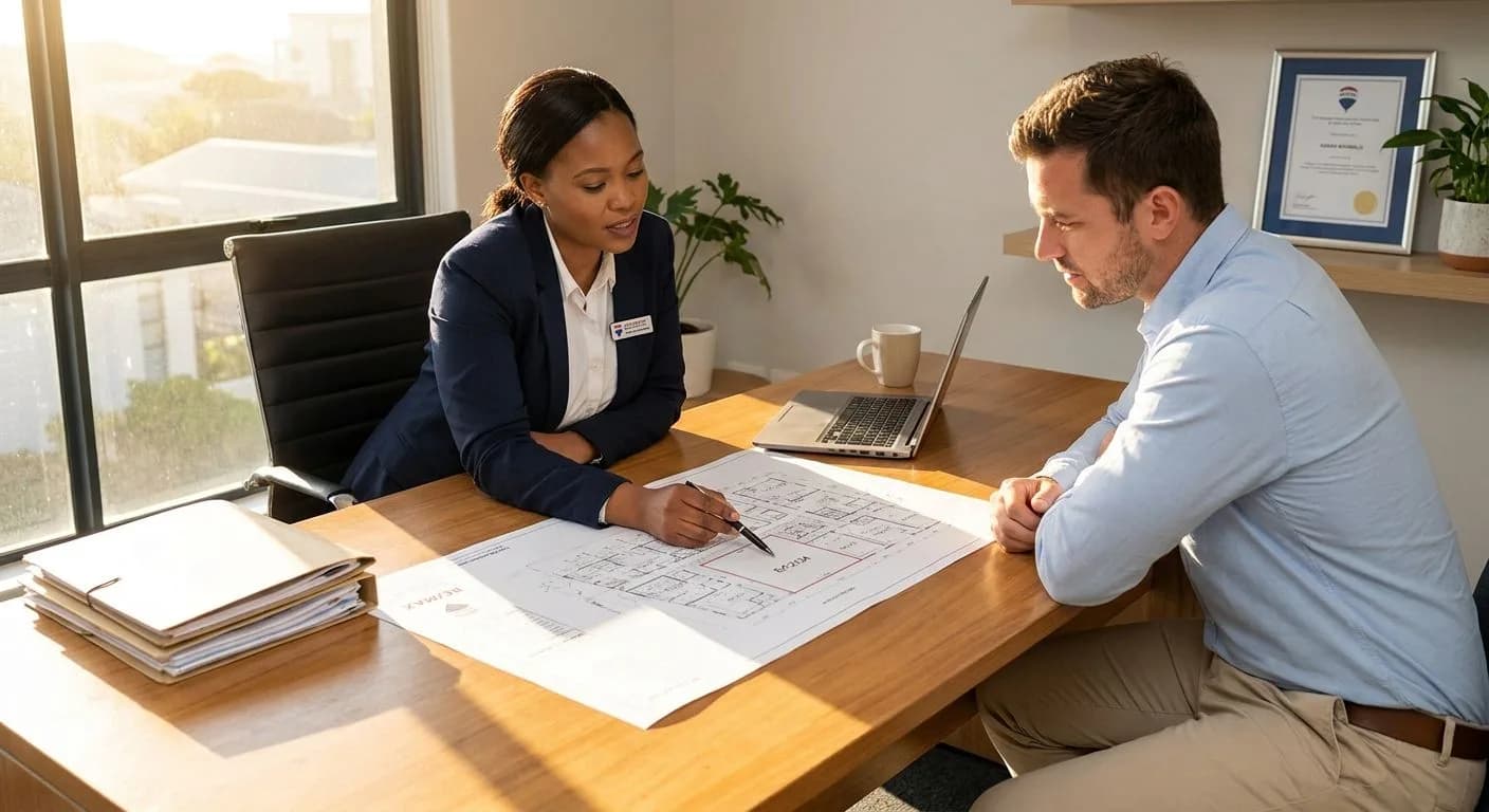 A South African estate agent pointing to an erf number on a property plan while explaining the property description to a buyer at a professional desk, warm afternoon light