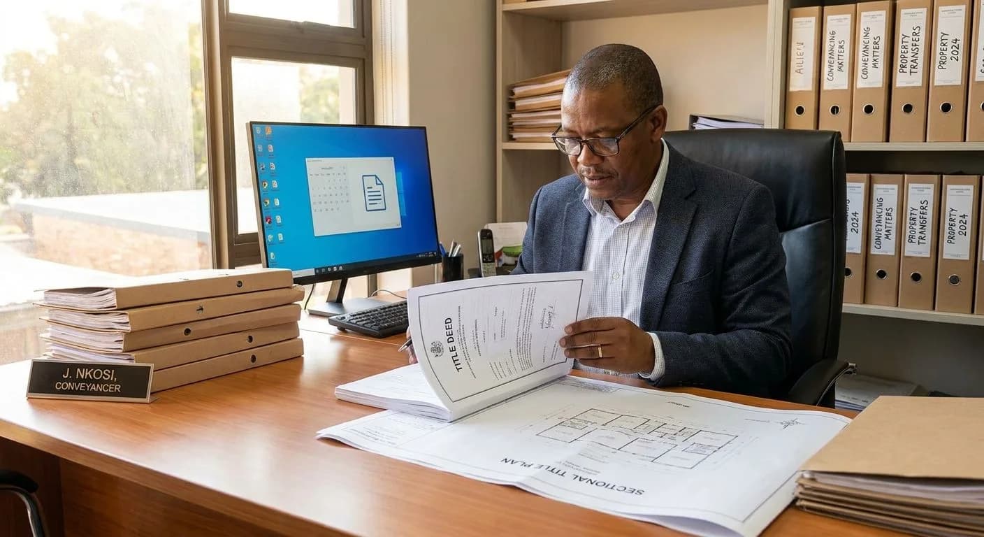 A South African conveyancer reviewing a property title deed and sectional title plan at a professional desk, neat office with legal folders visible on shelves, warm afternoon light