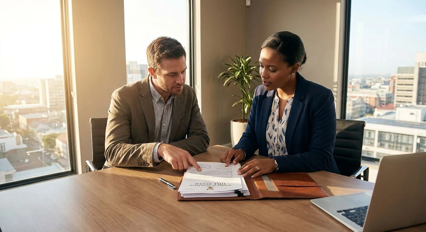 A South African estate agent and buyer reviewing finalised property transfer documents at a professional office desk, title deed details on the table, warm golden afternoon light