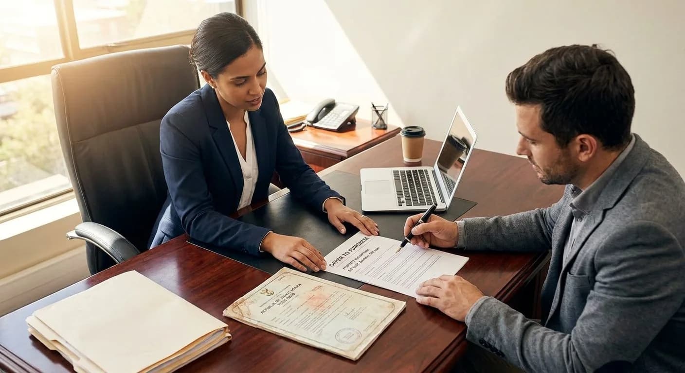 A South African conveyancer and buyer reviewing the property description section of an offer to purchase at a professional office desk, title deed document visible, warm afternoon light