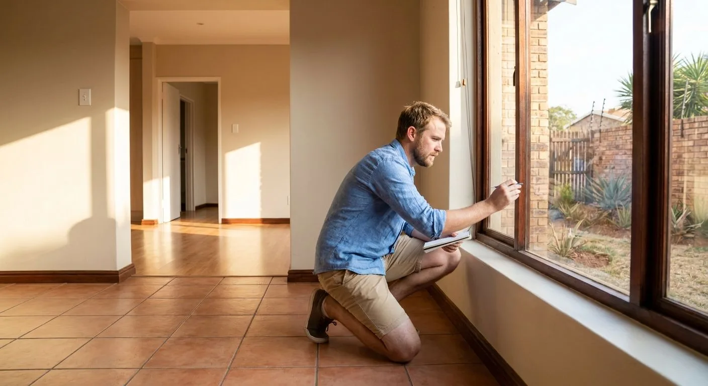 A South African buyer doing a walkthrough inspection of an empty property on occupation day, checking windows and fittings in a neat suburban interior, warm afternoon light