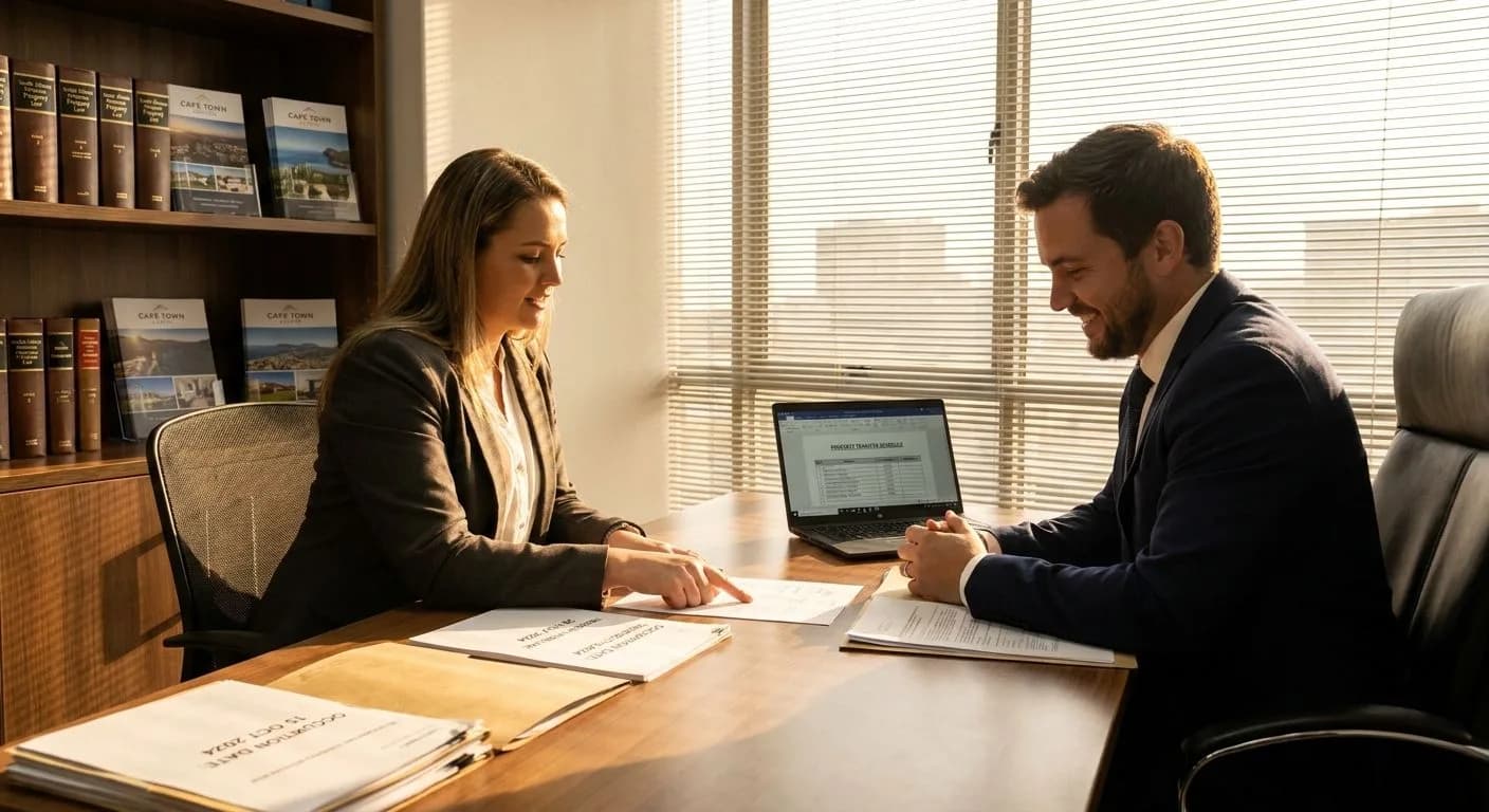 A South African estate agent and conveyancer coordinating a property occupation handover at a professional office desk, reviewing the occupation date and transfer timeline, warm afternoon light